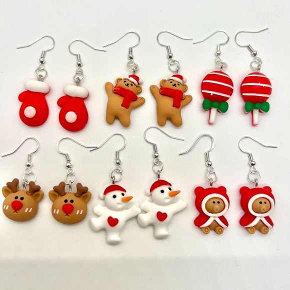 Christmas Earrings - Christmas Mittens, Teddy Bear, Lollipop, Reindeer, Snow Men - Picture 1 of 10